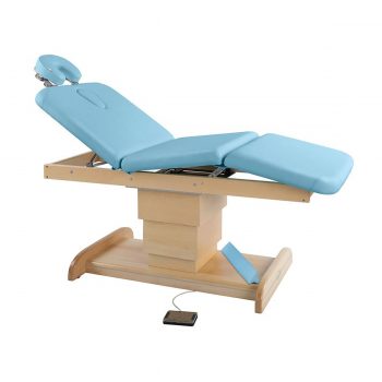 Table de massage Ecopostural 3 plans avec base réglable en hauteur en bois naturel par moteur électrique commande au pied