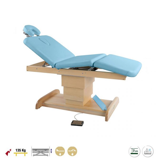 Table de massage Ecopostural 3 plans avec base réglable en hauteur en bois naturel par moteur électrique commande au pied