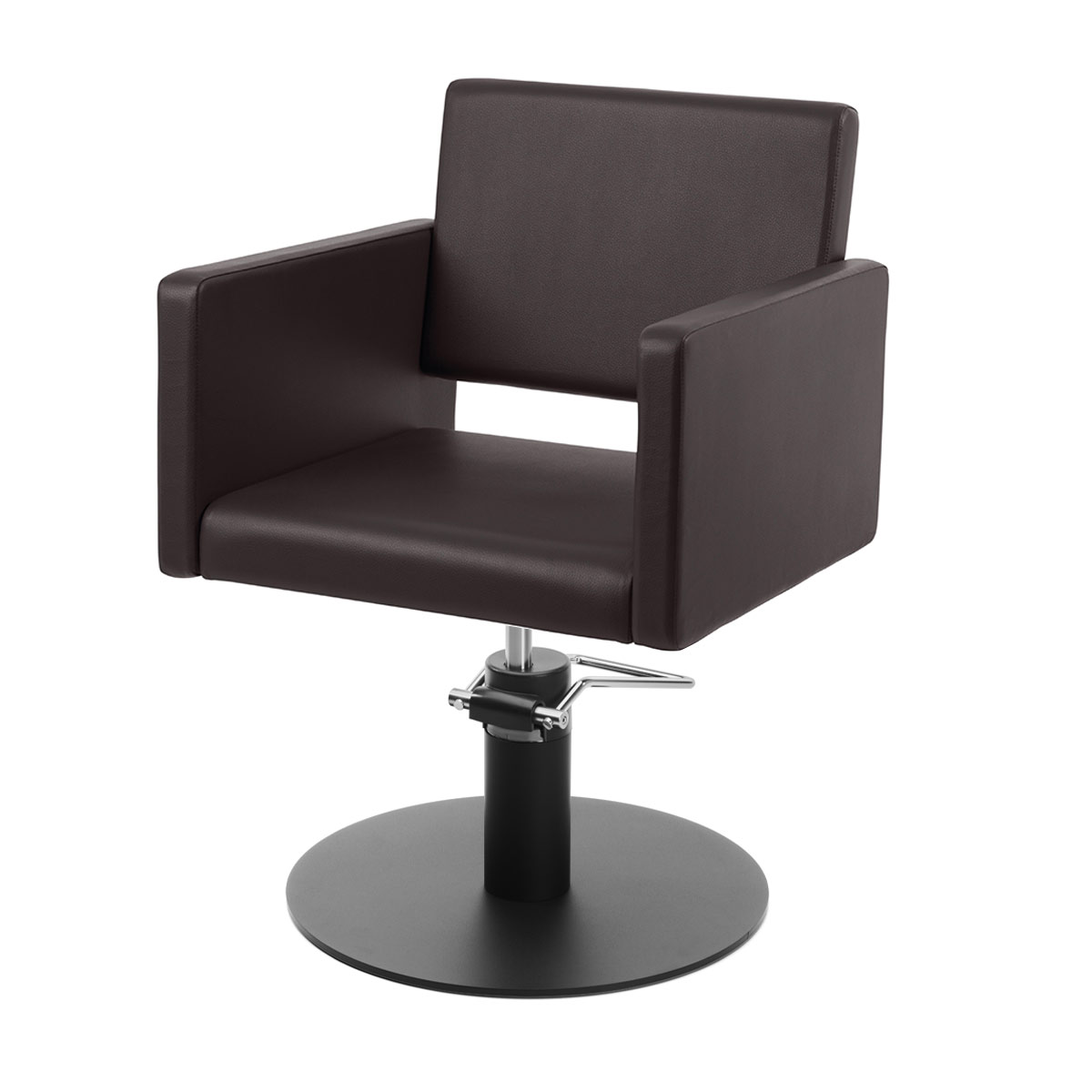 fauteuil de coiffure large et grand avec revêtement en similicuir couleur Praline bases disponibles en formes étoile, ronde, carrée en inox ou noir