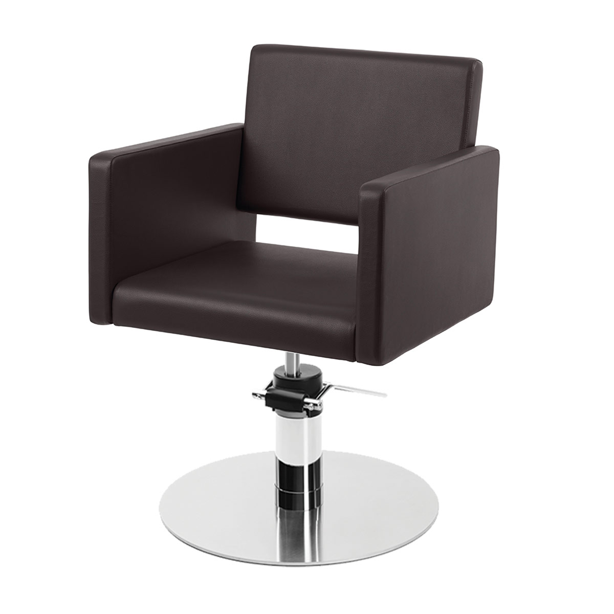 fauteuil de coiffure large et grand avec revêtement en similicuir couleur Praline bases disponibles en formes étoile, ronde, carrée en inox ou noir
