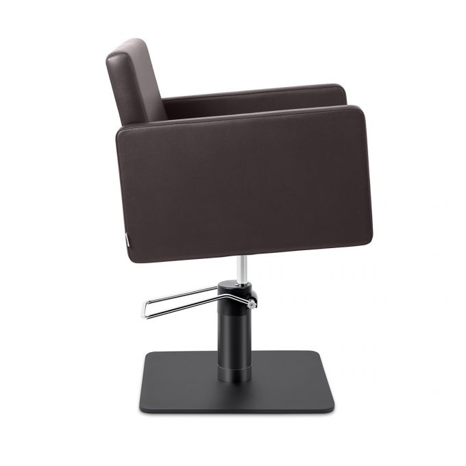fauteuil de coiffure large et grand avec revêtement couleur chocolat en skaï et pied carré noir