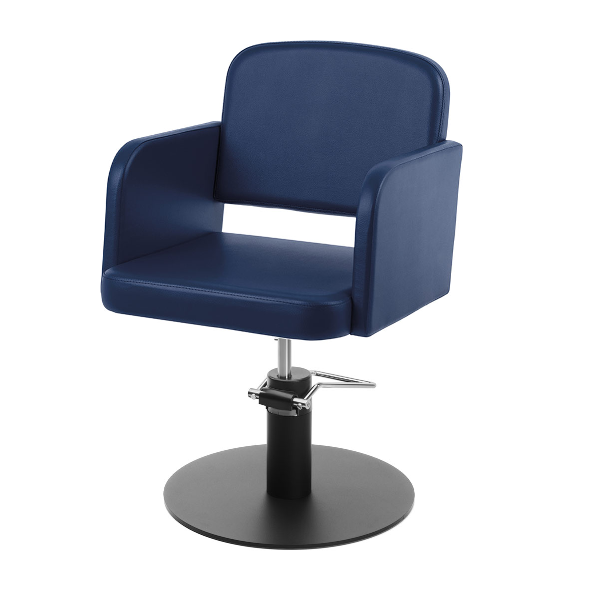 Fauteuil élégant bleu marine, avec pied rond noir et pompe hydraulique
