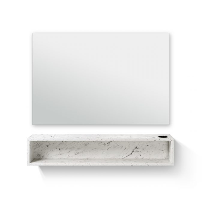 coiffeuse murale rectangulaire avec porte séchoir et tablette de rangement, effet marbre blanc