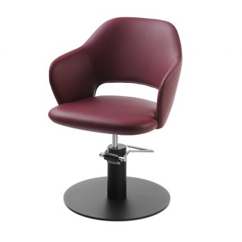 Fauteuil de coiffure avec assise arrondie au design contemporain, revêtement skaï couleur wine, bases aux choix étoile, ronde ou carré en couleur inox ou noir mate