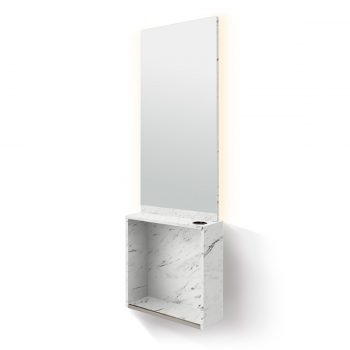 poste de coiffage mural avec caisson en stratifié effet marbre blanc et grand miroir avec éclairage led