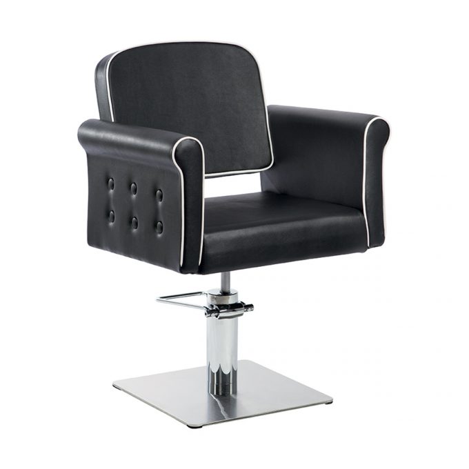 siège de coiffure avec base carrée chromée et large assise noir et blanc effet capitonné