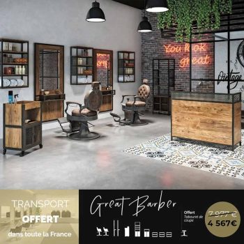 pack de barbier, barber shop, style vintage et industriel en bois et métal noir