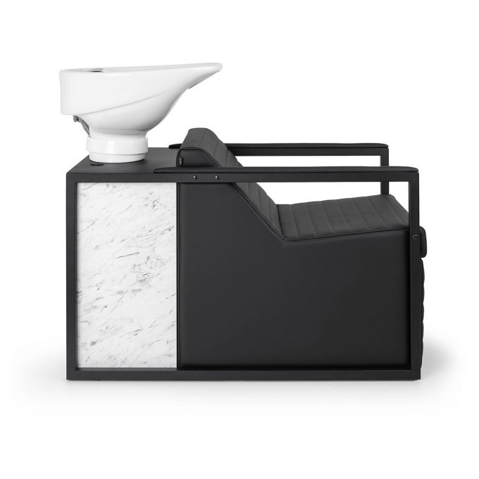 bac de lavage en métal noir ou cuivré avec assises en skai et caisson effet marbre blanc