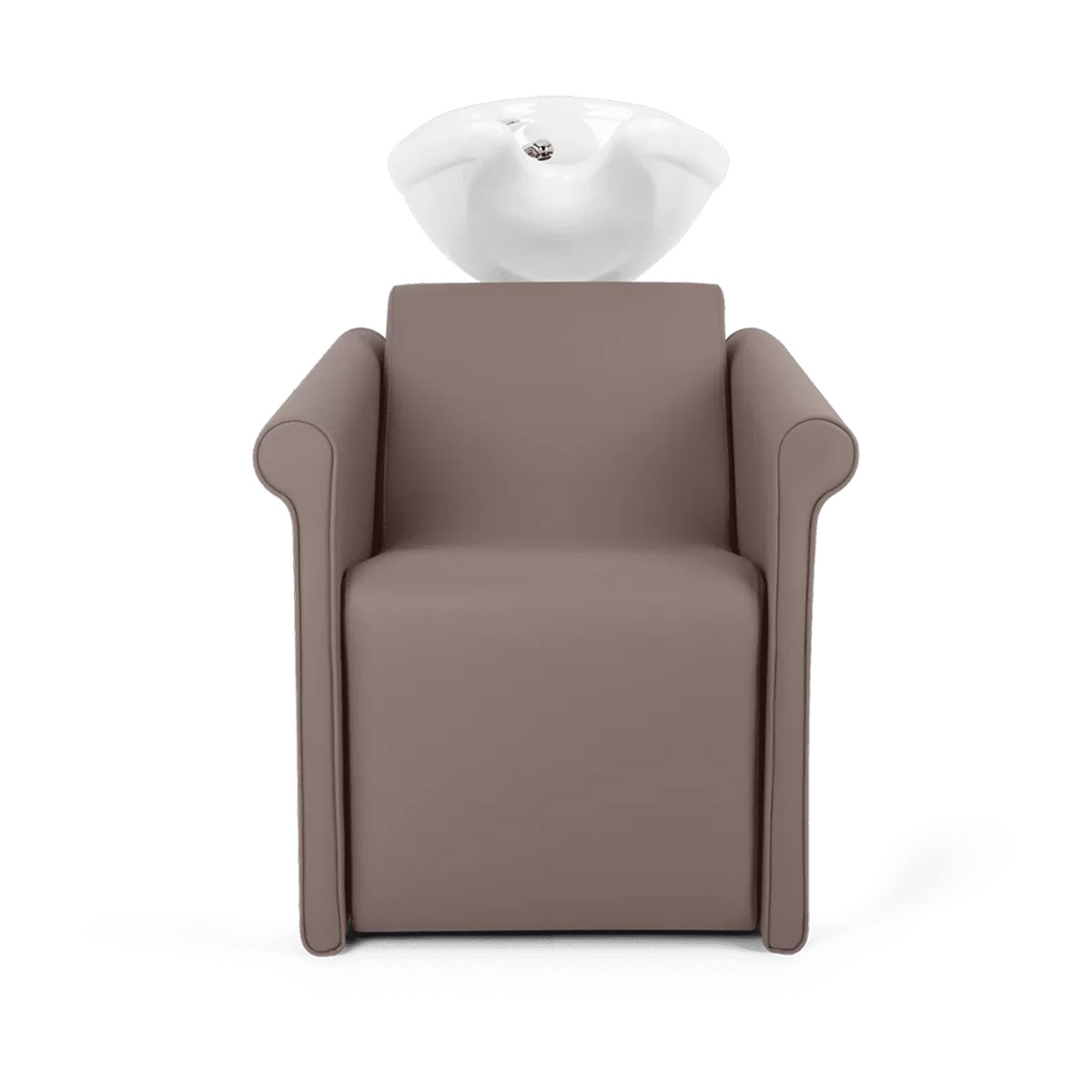 Bac à shampoing couleur taupe avec reposes jambes électrique et vasque en céramique blanche