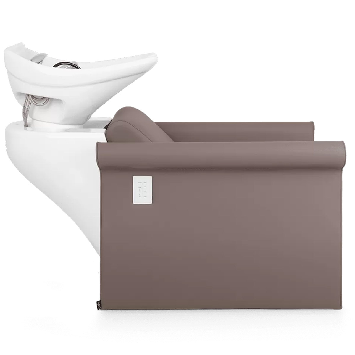 Bac à shampoing couleur taupe avec reposes jambes électrique et vasque en céramique blanche