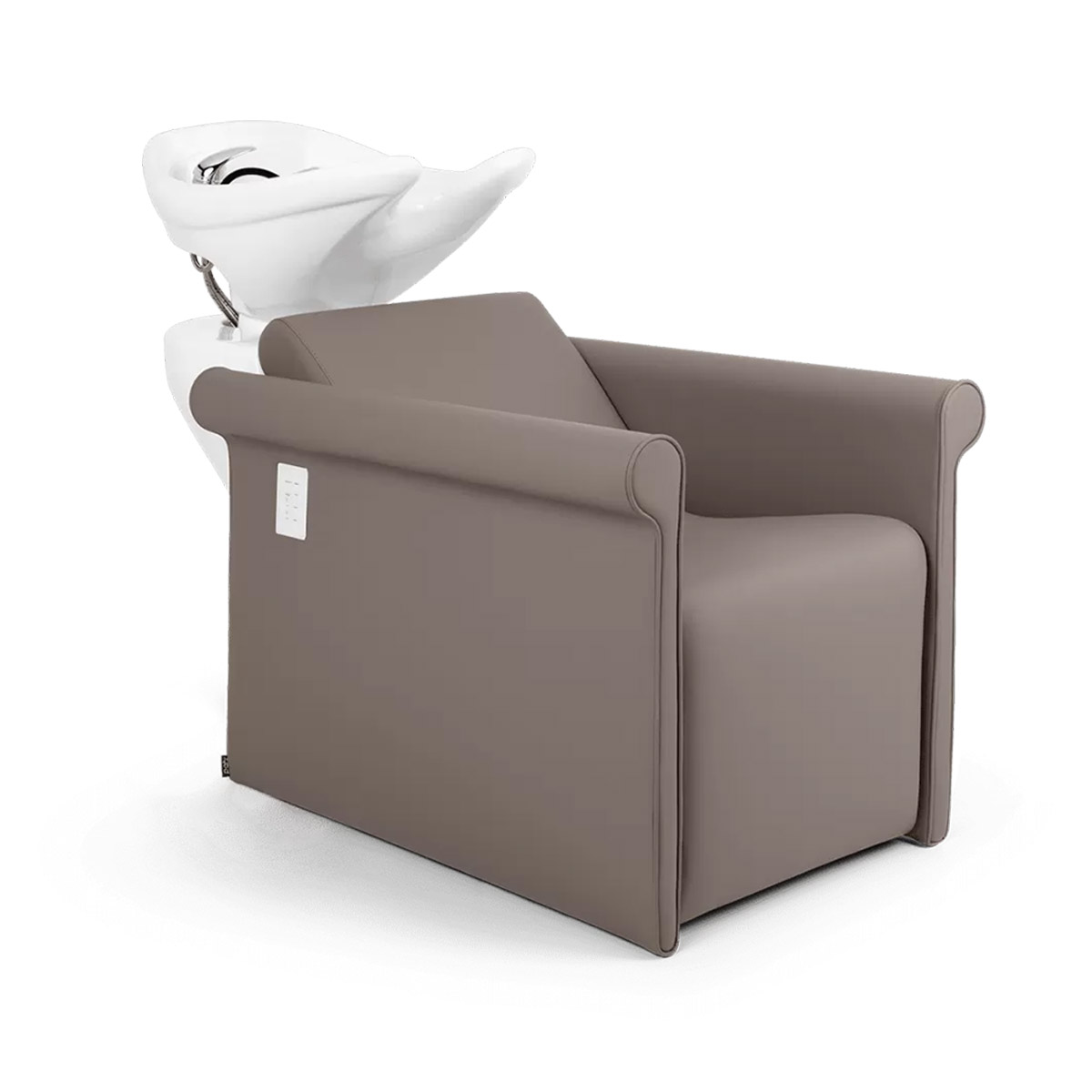 Bac à shampoing couleur taupe avec reposes jambes électrique et vasque en céramique blanche