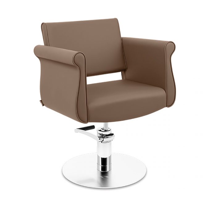 fauteuil en simili cuir taupe forme originale avec pied en métal mate et pompe hydraulique