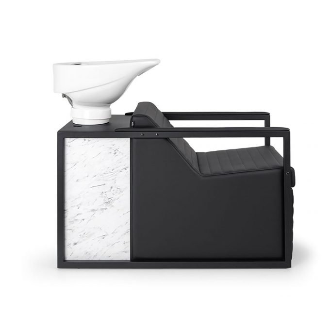 bac de lavage en métal noir ou cuivré avec assises en skai et caisson effet marbre blanc