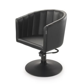 fauteuil de coiffure avec base ronde noir mate et pompe hydraulique, assise enveloppante avec effet matelassé, rembourrage haute densité et revêtement en similicuir noir ou autres couleurs aux choix