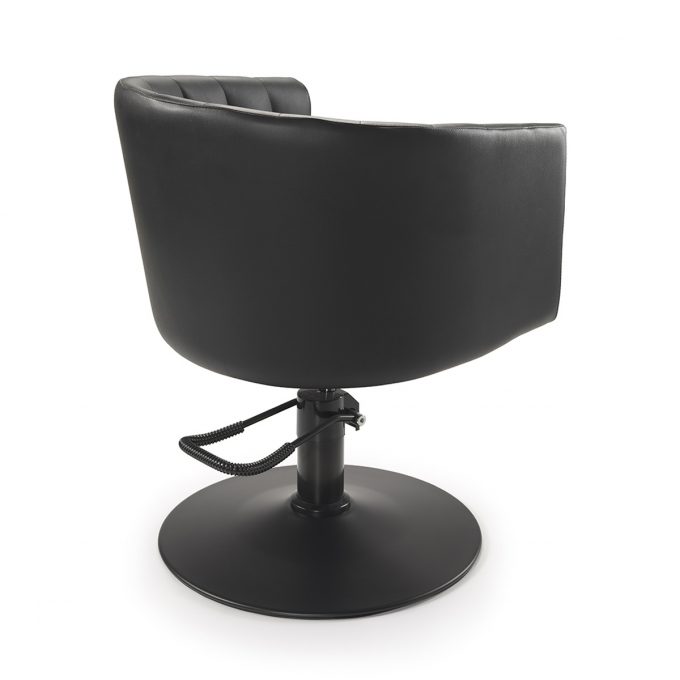 fauteuil de coiffure avec base ronde noir mate et pompe hydraulique, assise enveloppante avec effet matelassé, rembourrage haute densité et revêtement en similicuir noir ou autres couleurs aux choix