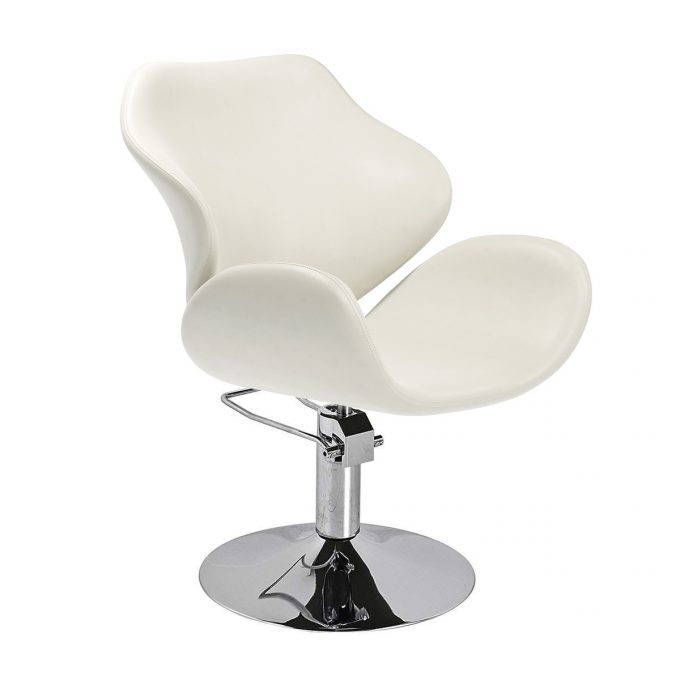 fauteuil de coiffure blanc avec pied rond chromé et pompe hydraulique