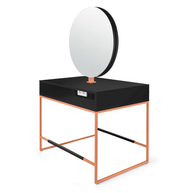 poste de coiffure avec structure métallique cuivré ou noire, miroir rond, prises électrique et tablette en bois