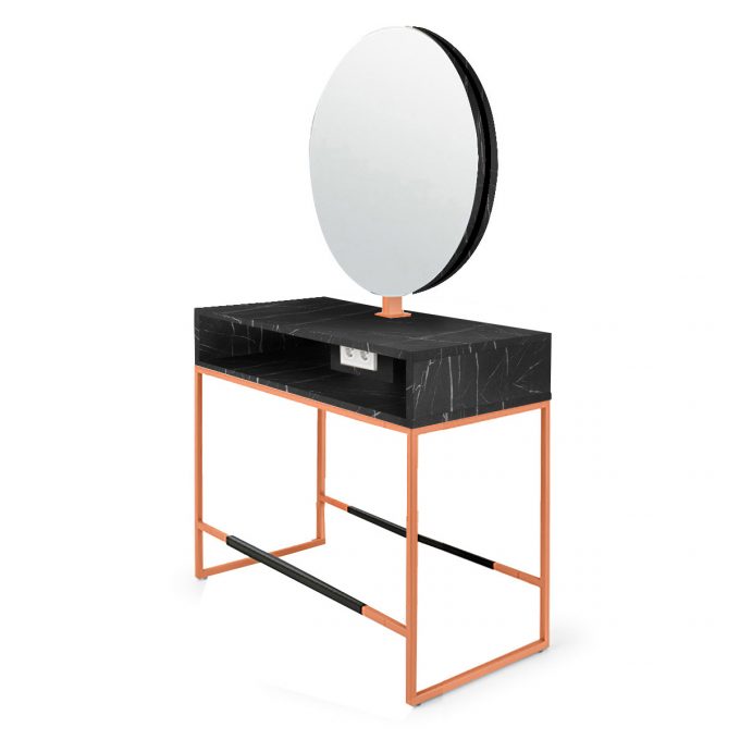 poste de coiffure avec structure métallique cuivré ou noire, miroir rond, prises électrique et tablette en bois