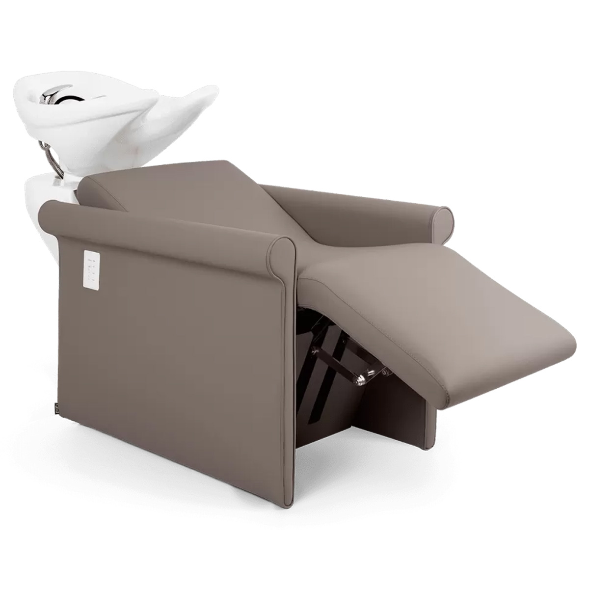 Bac à shampoing couleur taupe avec reposes jambes électrique et vasque en céramique blanche