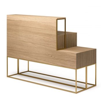 meuble caisse de réception structure en métal doré et bois stratifié effet naturel