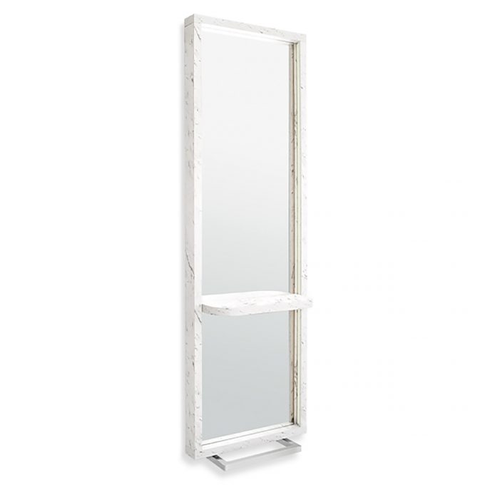 grand miroir de coiffure avec tablette et repose pied, finition effet marbre blanc