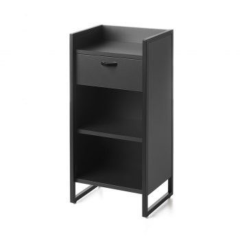 meuble de rangement pour accessoires coiffure en metal noir et étagères , tiroir en stratifié