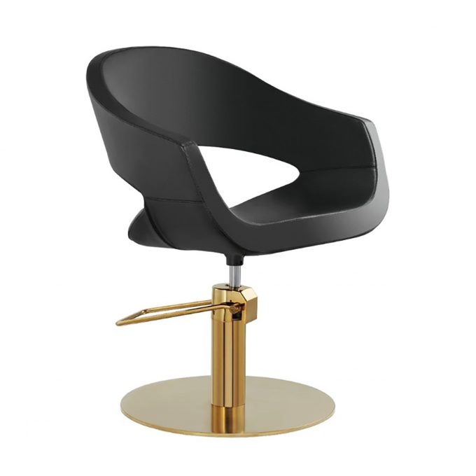 fauteuil de coiffure similicuir noir avec base ronde dorée et pompe hydraulique pour le régler en hauteur
