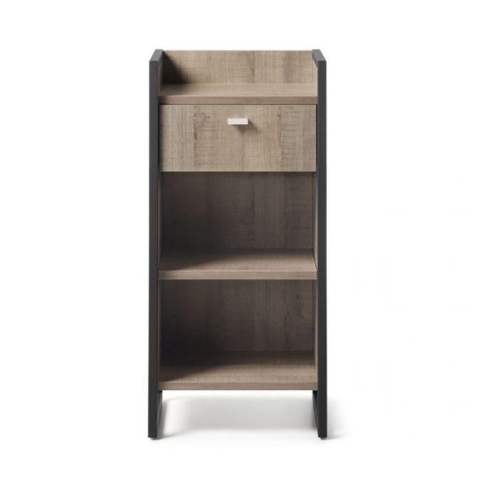 meuble de rangement en bois stratifié et métal noir avec tiroir et étagère pour salon de coiffure