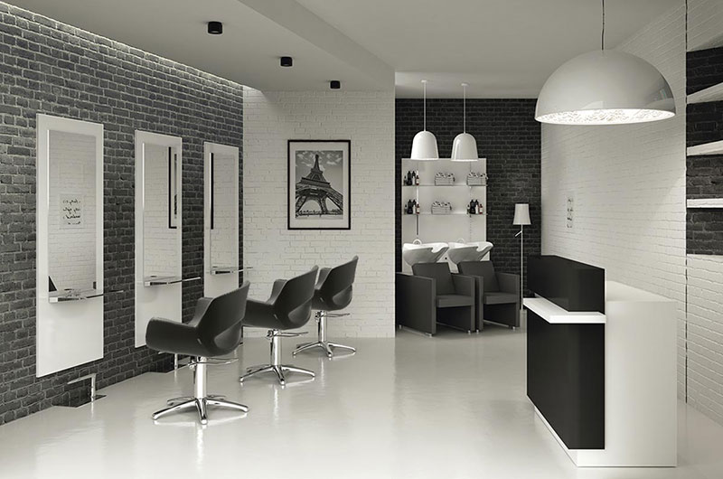 Salon de coiffure complet aux couleurs noir et blanc avec meuble de réception caisse avec tablette pour personnes à mobilités réduites