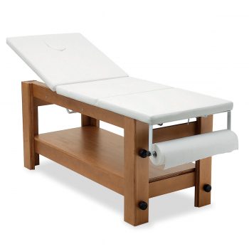 table de massage en bois couleur akumé, robuste avec un matelas renforcé extra mousse en skai blanc