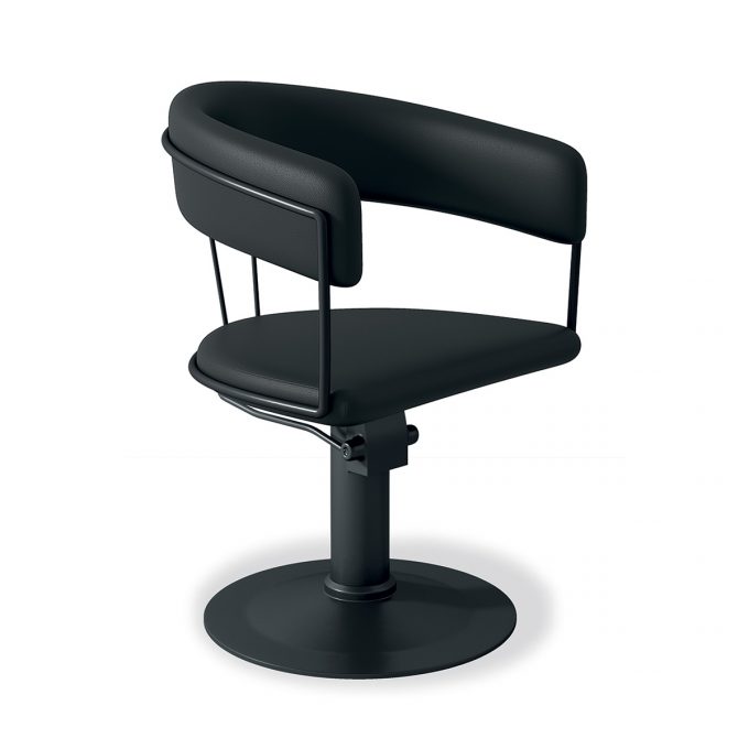 fauteuil de coiffure urbain et industriel avec base ronde et structure noir mat, siège en similicuir