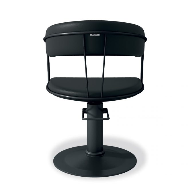 fauteuil de coiffure urbain et industriel avec base ronde et structure noir mat, siège en similicuir