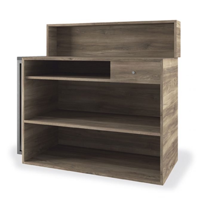 bureau de caisse avec tiroir à clés, design industriel en acier noir et stratifié effet bois
