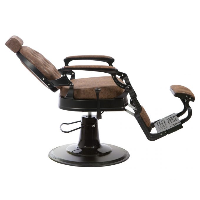 siège pour barbier au design vintage et rétro structure métal noir mat et assise et dossier en similicuir marron effet capitonné