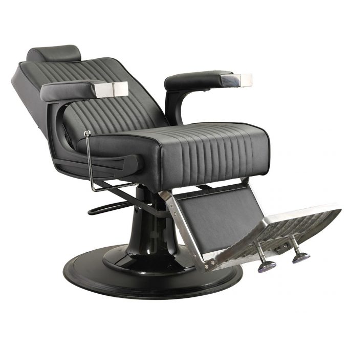 chaise de barbier confortable, vintage et élégant, en skai noir avec structure noir et finitions chromés
