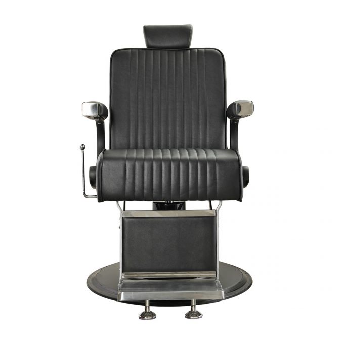 chaise de barbier confortable, vintage et élégant, en skai noir avec structure noir et finitions chromés