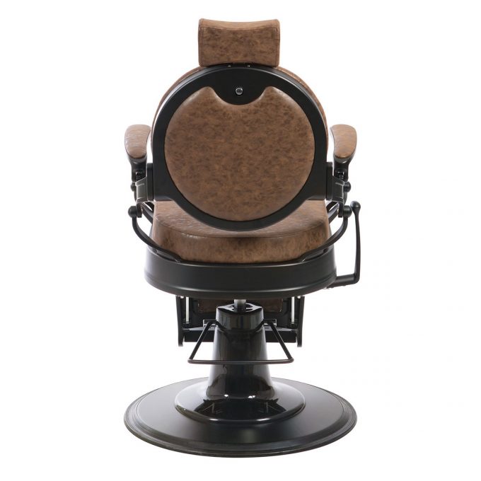 siège pour barbier au design vintage et rétro structure métal noir mat et assise et dossier en similicuir marron effet capitonné