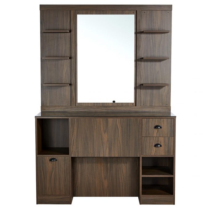 meuble de coiffure et barber shop en bois foncé avec grand miroir, étagères et tiroirs de rangement