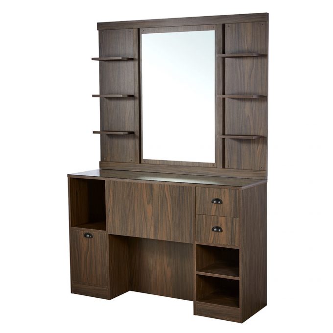 meuble de coiffure et barber shop en bois foncé avec grand miroir, étagères et tiroirs de rangement