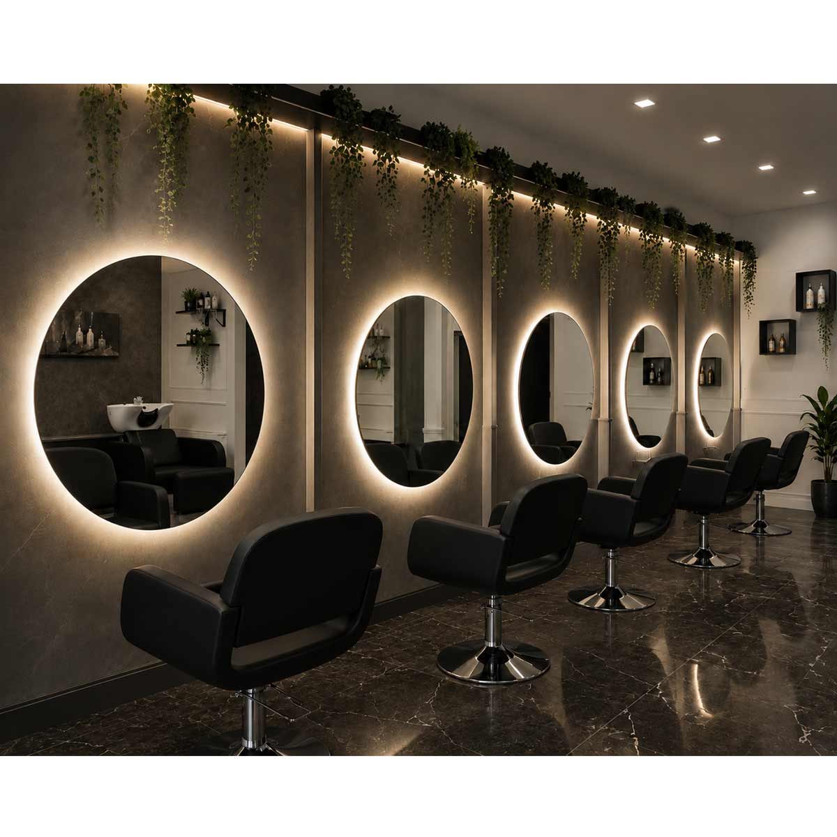 Ambiance salon de coiffure miroir rond