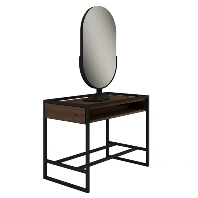 miroir de coiffure deux places en face à face avec structure en métal noir et tablette en bois stratifié