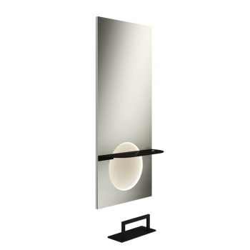 grand miroir rectangulaire avec décors en grès cérame rétro-éclairé par LED et tablette en métal noir intégré
