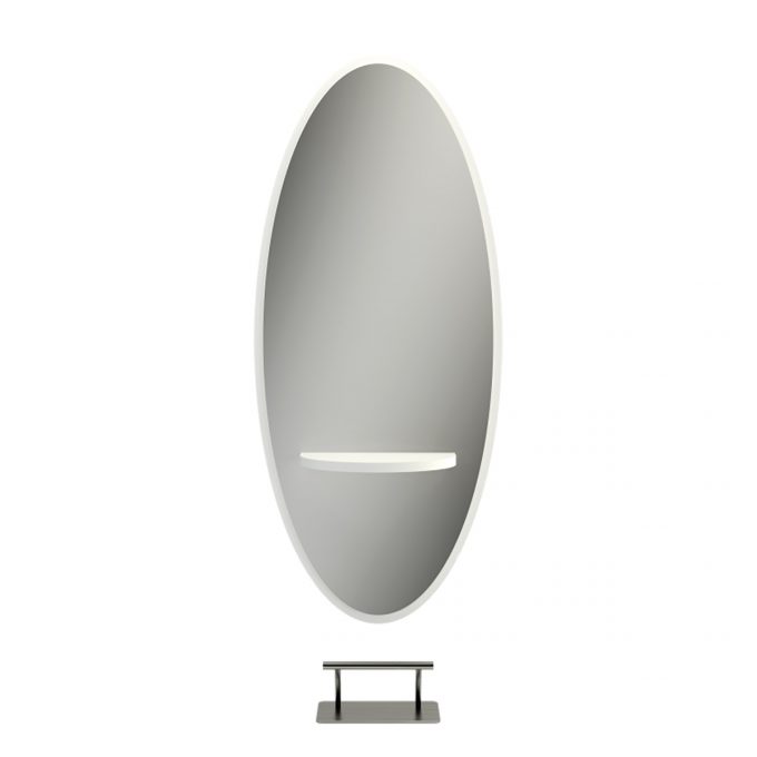 grand miroir de coiffure ovale avec une structure et tablette en mélaminé blanc
