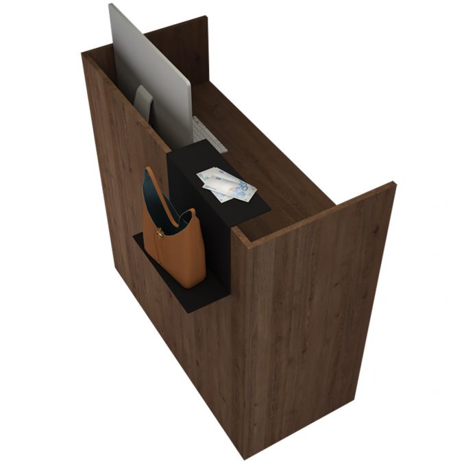 meuble accueil et réception en laminé bois naturel tartufo, avec tiroir et rangements et porte sac en métal
