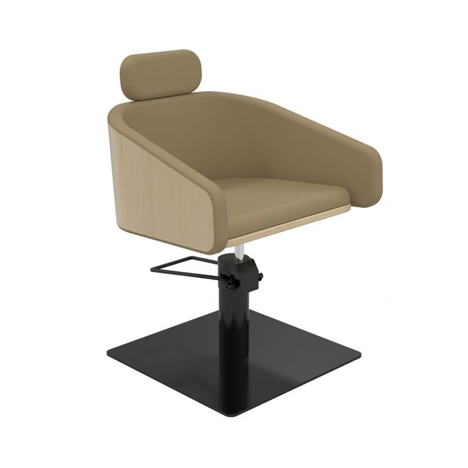 fauteuil de coiffeur original avec dossier en contreplaqué bois naturel, bases aux choix avec pompe hydraulique, en noir ou inox, similicuir, beige, noir, et autres couleurs