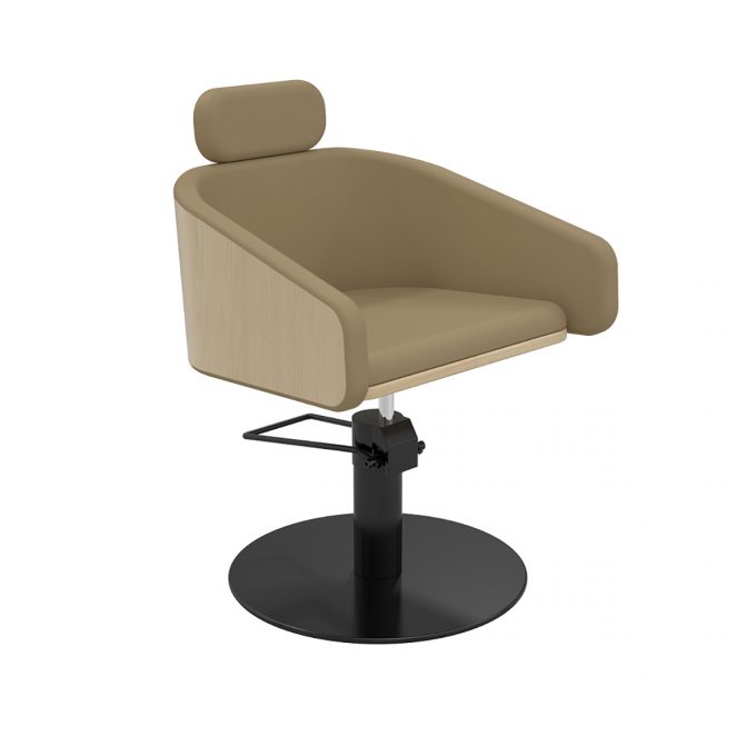 fauteuil de coiffeur original avec dossier en contreplaqué bois naturel, bases aux choix avec pompe hydraulique, en noir ou inox, similicuir, beige, noir, et autres couleurs