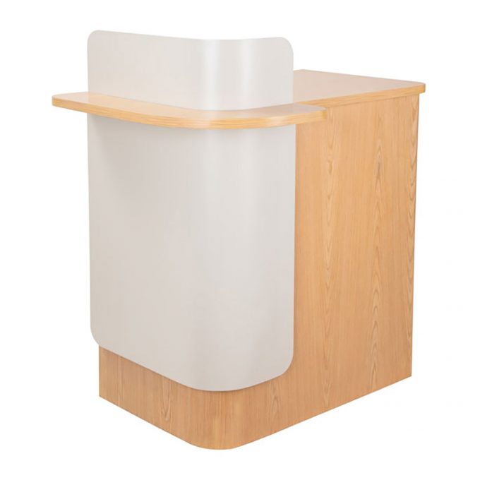 meuble d'accueil et caisse en bois naturel clair avec structure en façade blanche, tablette, tiroirs, portes, étagères