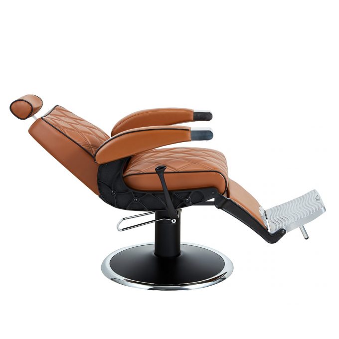 siège de barbier vintage en skaÏ couleur camel avec une structure en métal noire, position allongée ou assise pour plus de confort, réglable en hauteur