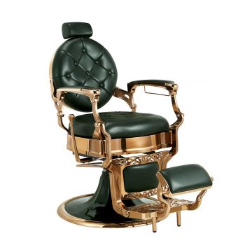 siège barbier vert foncé avec structure en métal cuivré brillant, style retro et vintage, réglable en hauteur et inclinable, avec porte serviette intégré
