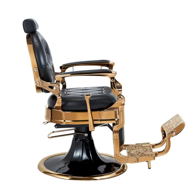 fauteuil vintage cuivré et noir de barbier avec dossier réglable et inclinable, repose jambes et têtière, porte serviette